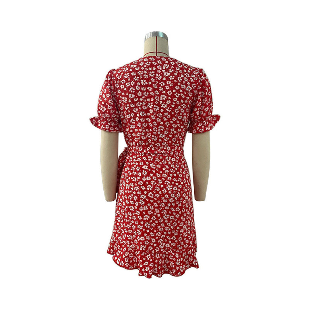 Surplice Puff Sleeve Tie-waist Ditsy Floral Wrap Dress