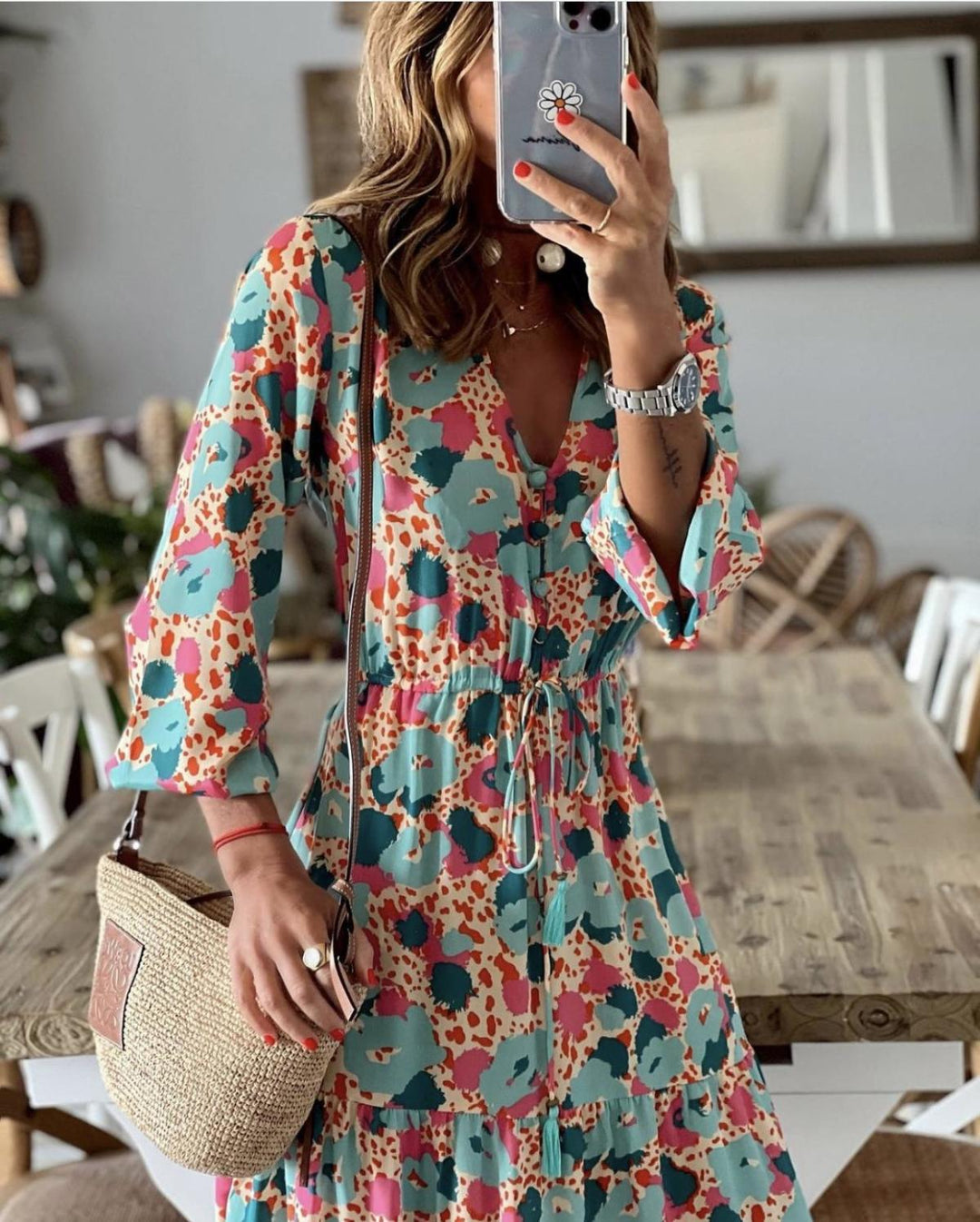 Floral Short Sleeve Tie Waist Swing Dress