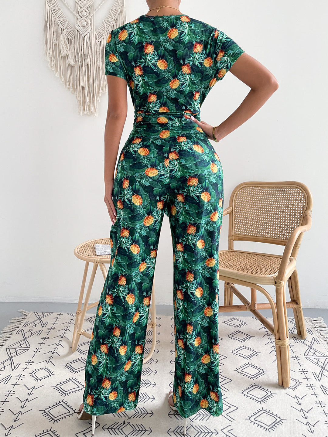 Plant Print Short Sleeve Tie Waist Jumpsuit