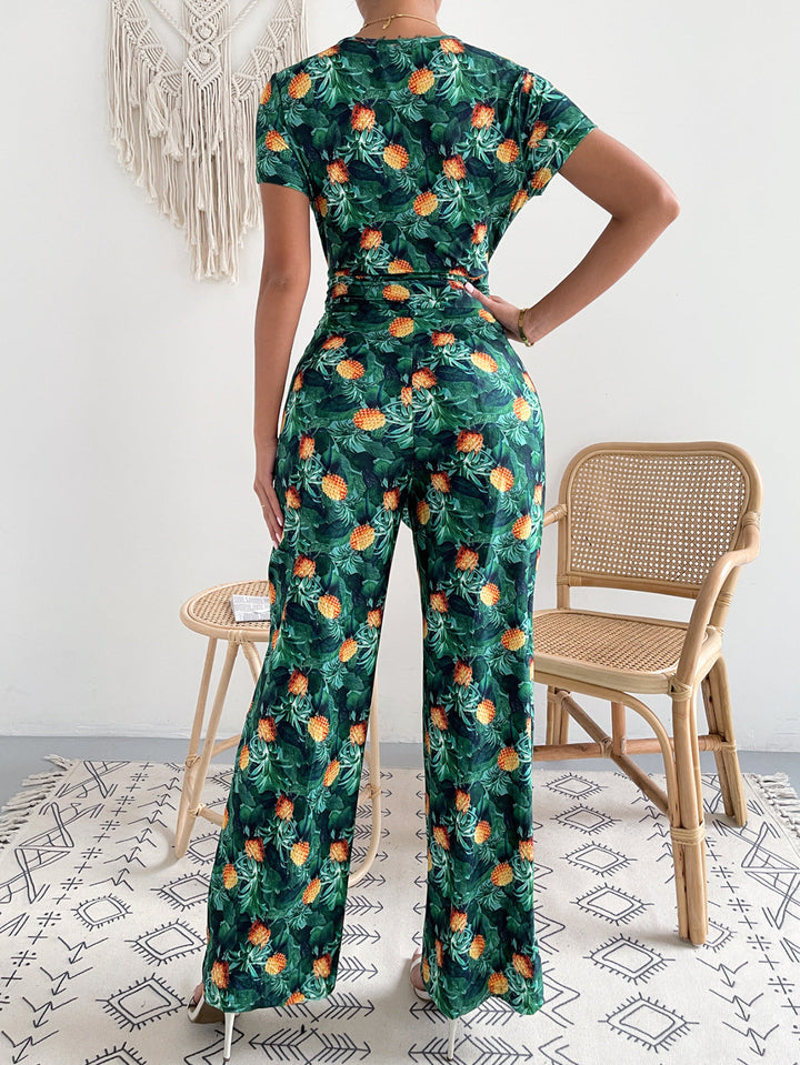 Plant Print Short Sleeve Tie Waist Jumpsuit