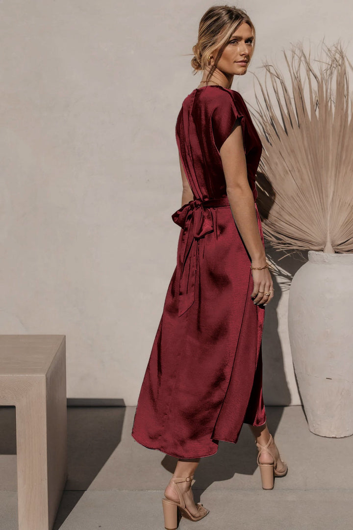 Solid Round Neck Tie Back Midi Dress