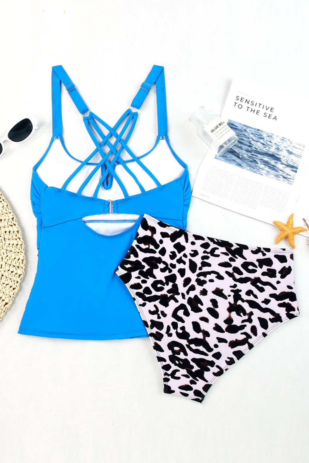 High Waist Notch Neckline Strappy Tankini Contrast Swimsuit