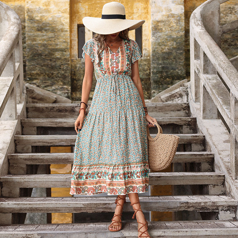 Boho Ruffled Sleeve Ditsy Floral Swing Dress