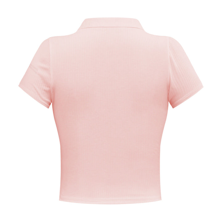 Solid Short Sleeve Buttoned V Neck Crop Top