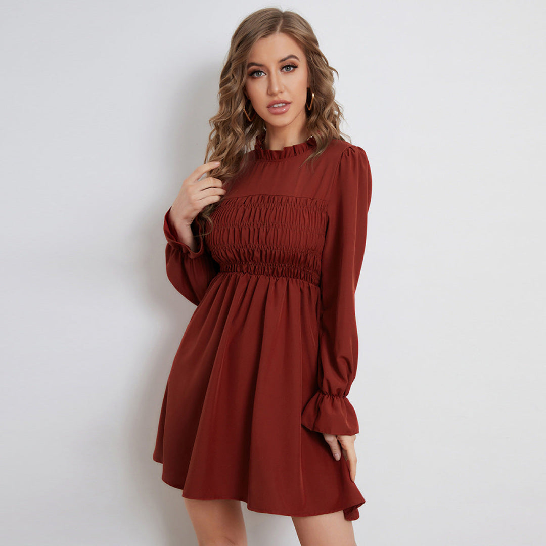 Pleated Long-Sleeved Ruffled Neck Mini Dresses