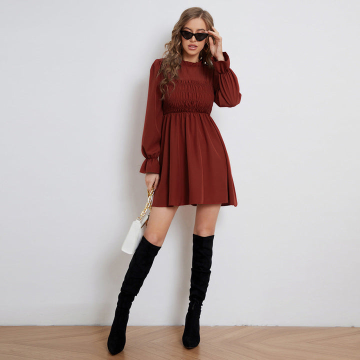Pleated Long-Sleeved Ruffled Neck Mini Dresses