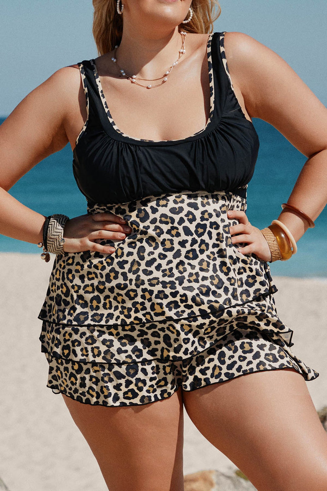 Black Plus Size Swimwear Leopard Ruffle Ruched Swimdress And Shorts