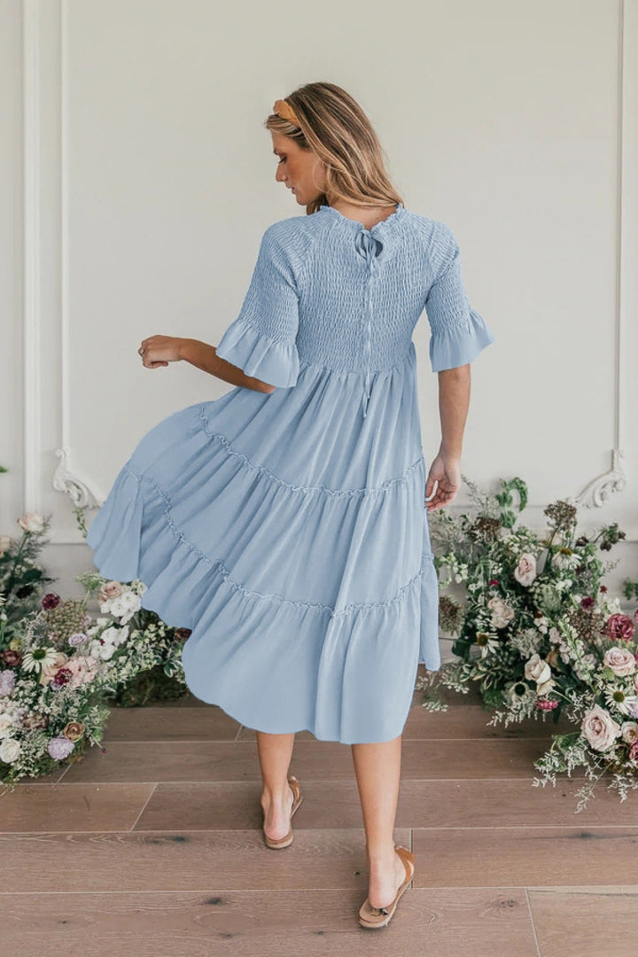Round Neck Solid Color Smocked A-line Tiered-layered Dress