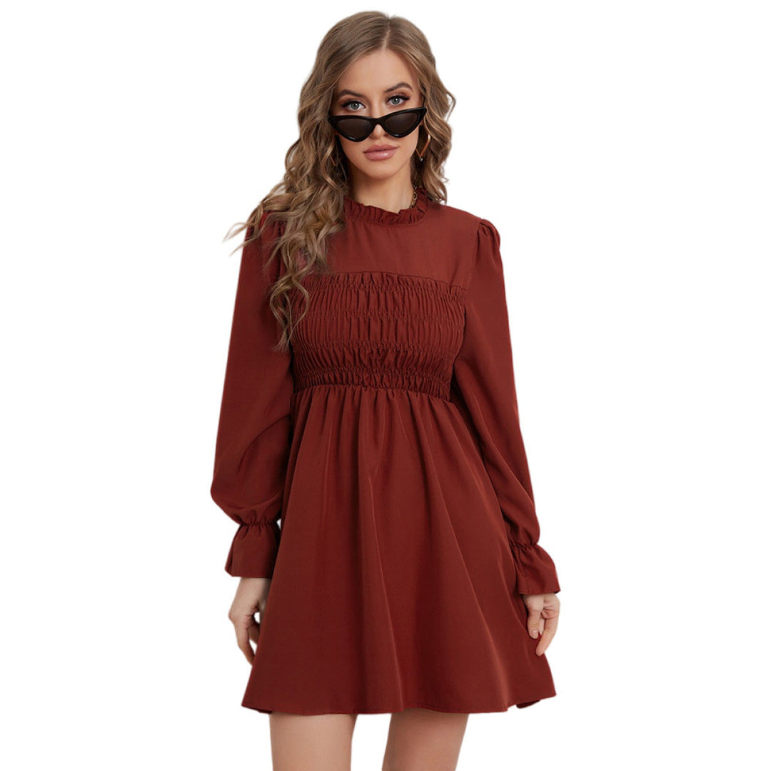 Pleated Long-Sleeved Ruffled Neck Mini Dresses