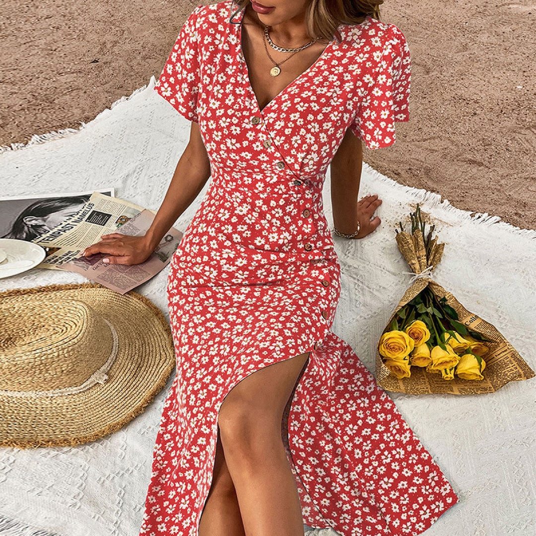 Ditsy Floral Buttoned Split Maxi Dress
