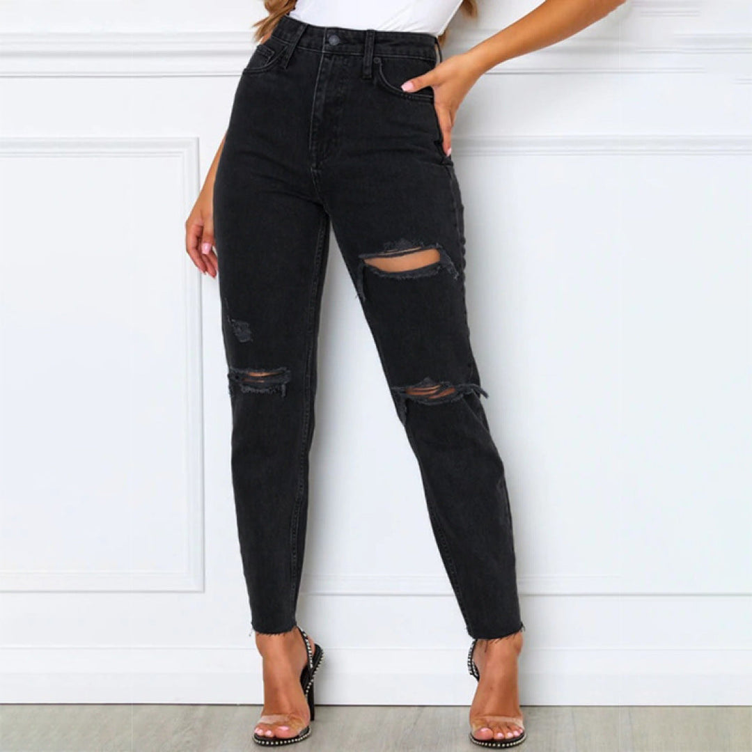 Casual Washed Blue Straight-Leg Ripped Jeans