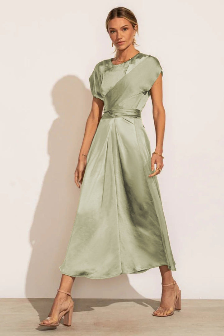Solid Round Neck Tie Back Midi Dress