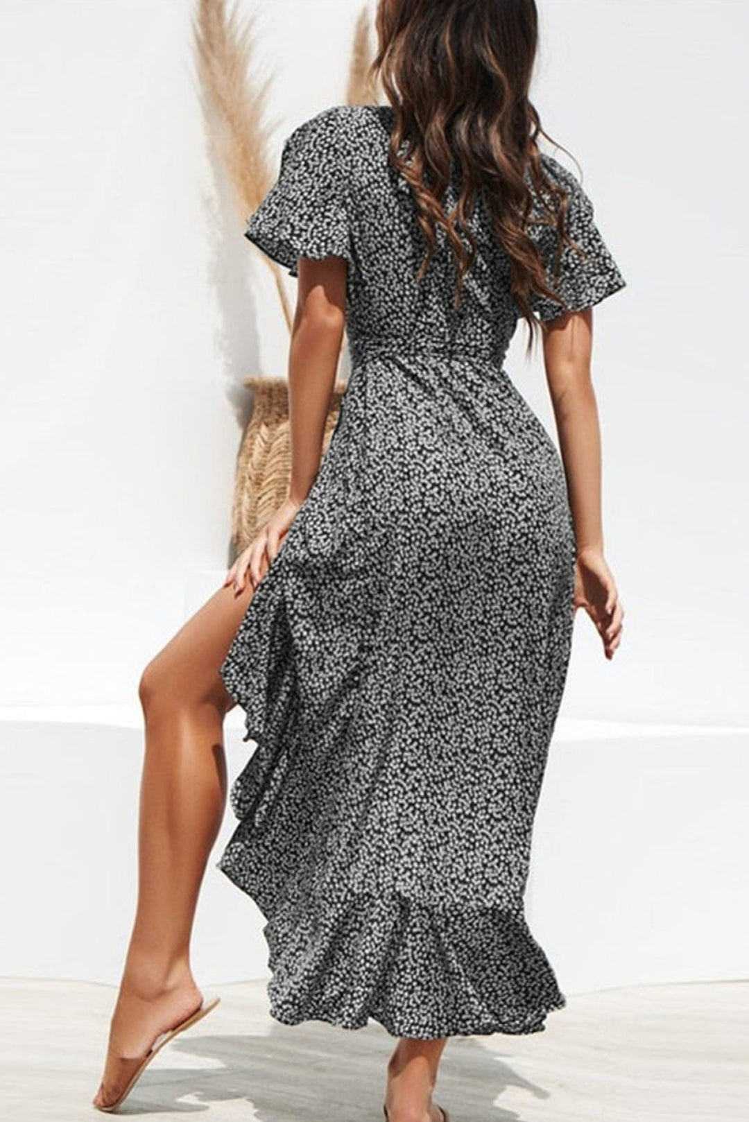 Boho Floral Print Belted Wrap Slit Maxi Dress