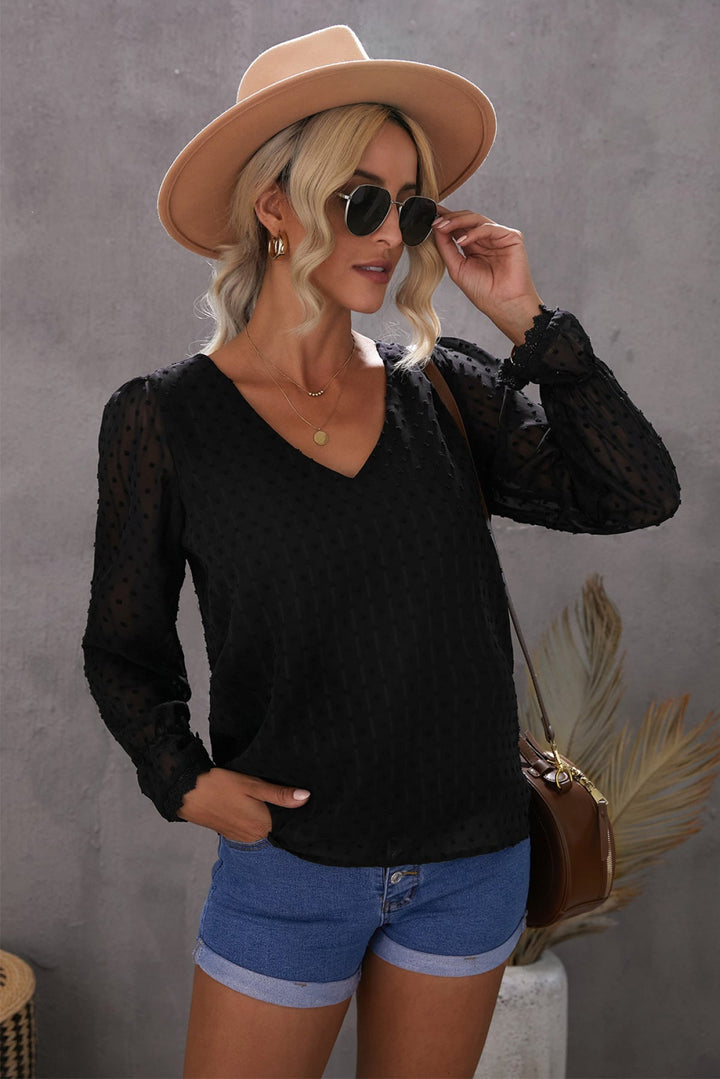 V Neck Puff Sleeve Swiss Dot Blouse