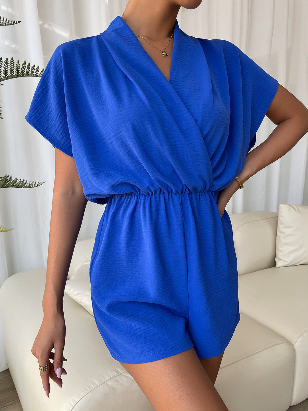 Blue Surplice Neckline Rompers