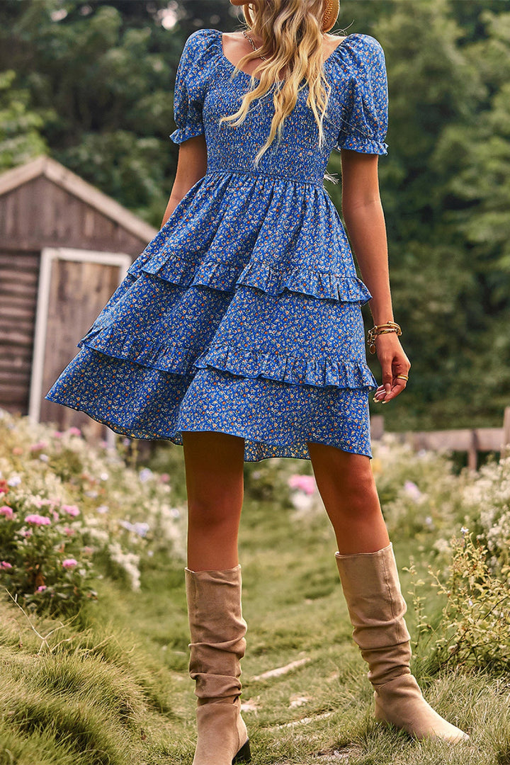 Floral Off-the-shoulder Puff Sleeve Tiered Dress