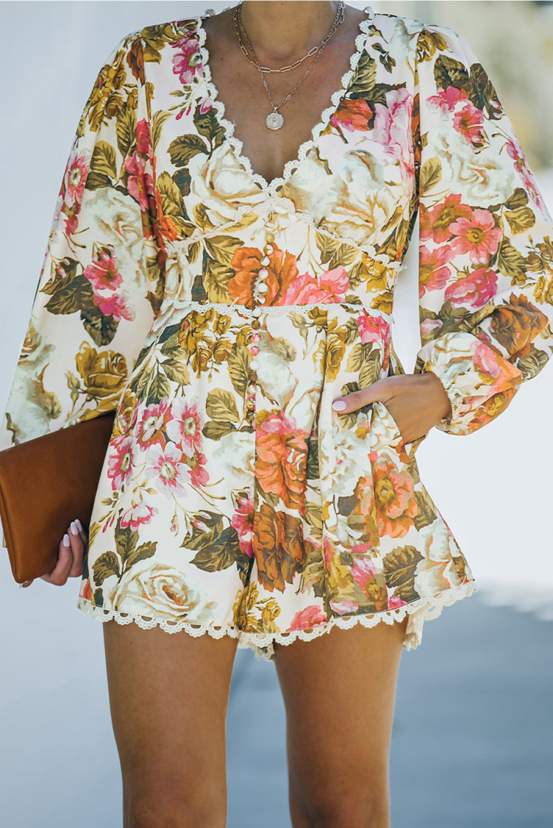 Floral Lace Trim Romper