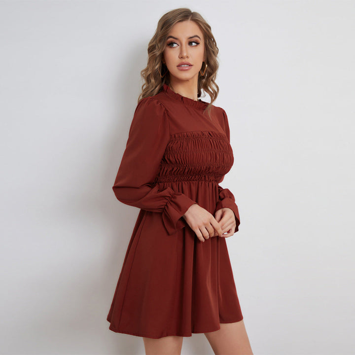 Pleated Long-Sleeved Ruffled Neck Mini Dresses