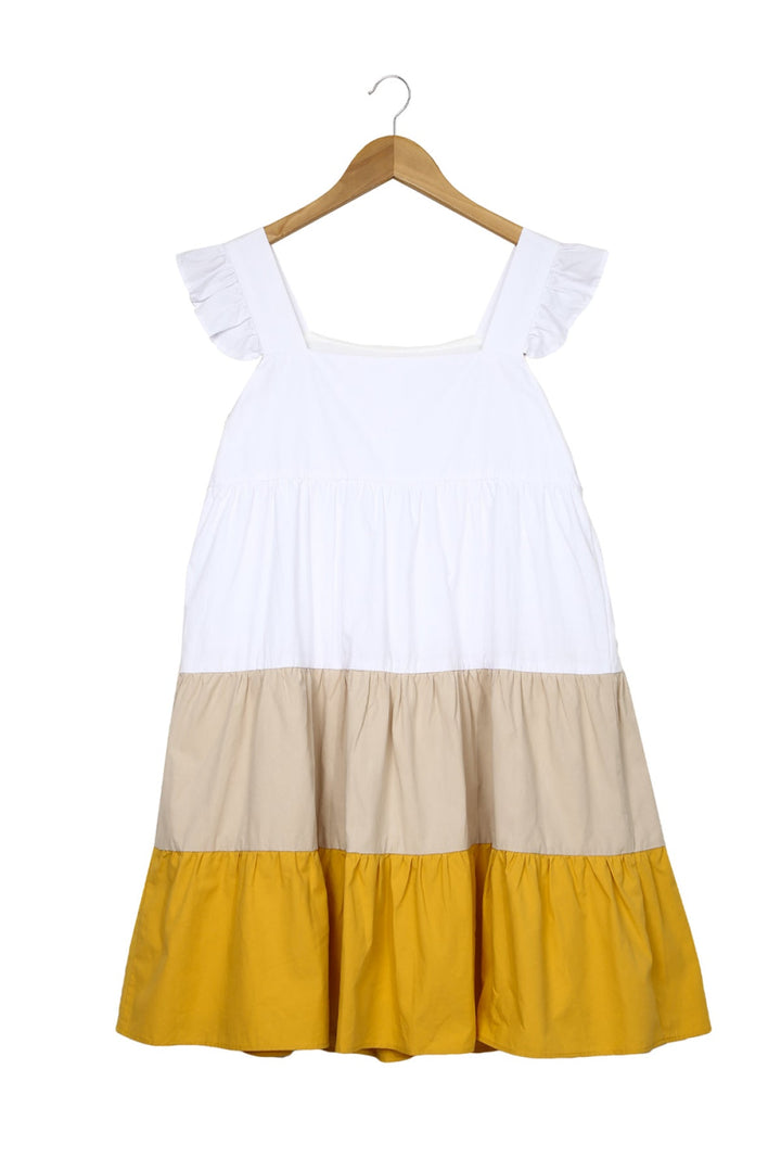 Square Neck Colorblock Flutter Sleeve Dress