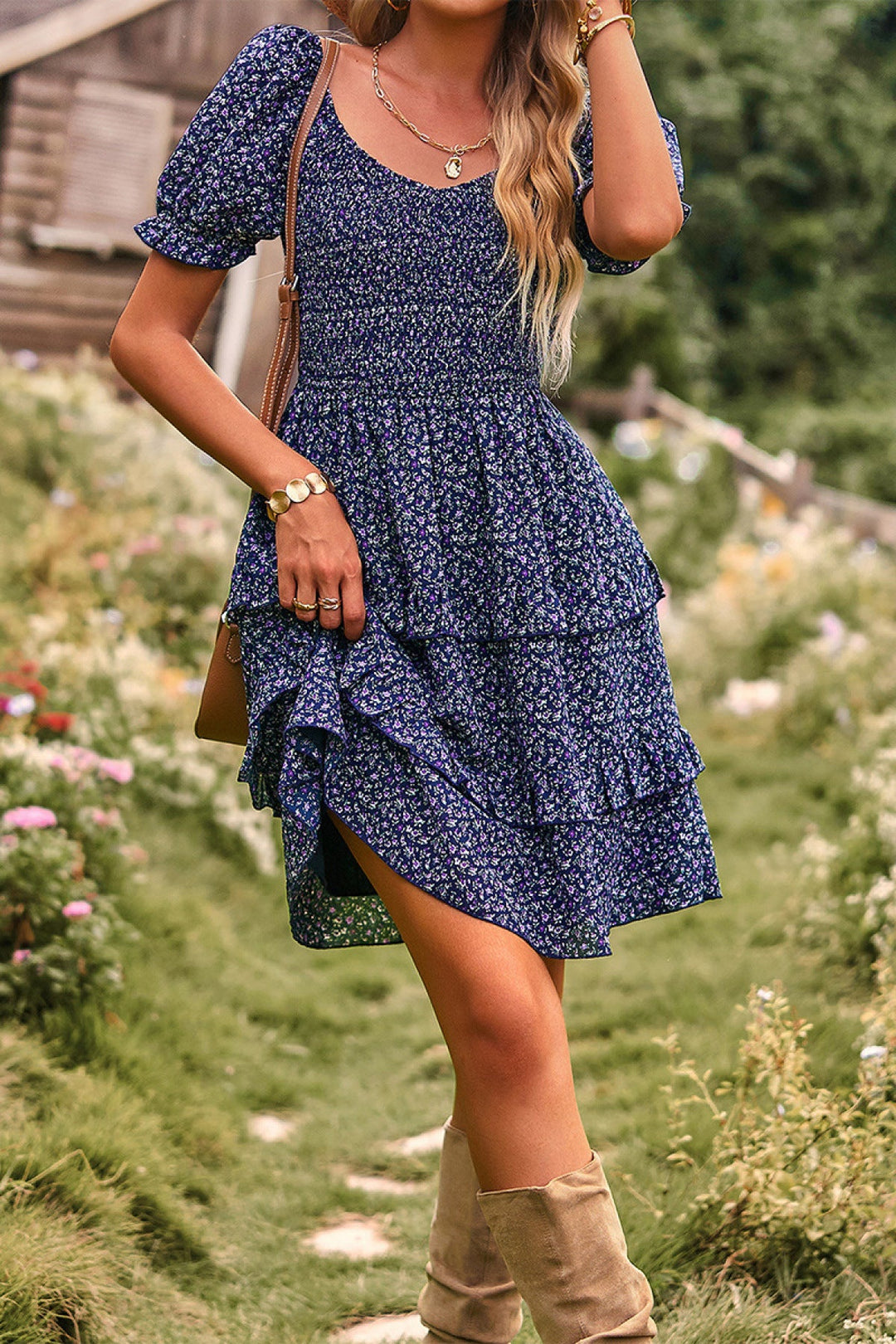 Floral Off-the-shoulder Puff Sleeve Tiered Dress