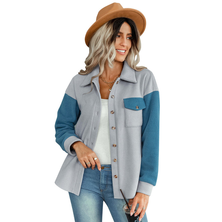 Shirt Collared Long Sleeve Single-Breasted Colorblock Jackets With Pockets