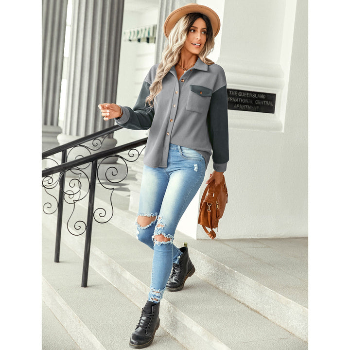 Shirt Collared Long Sleeve Single-Breasted Colorblock Jackets With Pockets