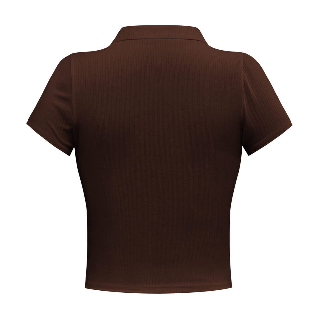 Solid Short Sleeve Buttoned V Neck Crop Top