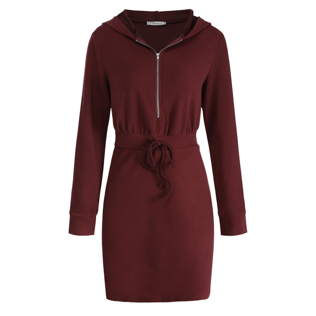 Solid Long Sleeve Zipper Up Hooded Mini Dress