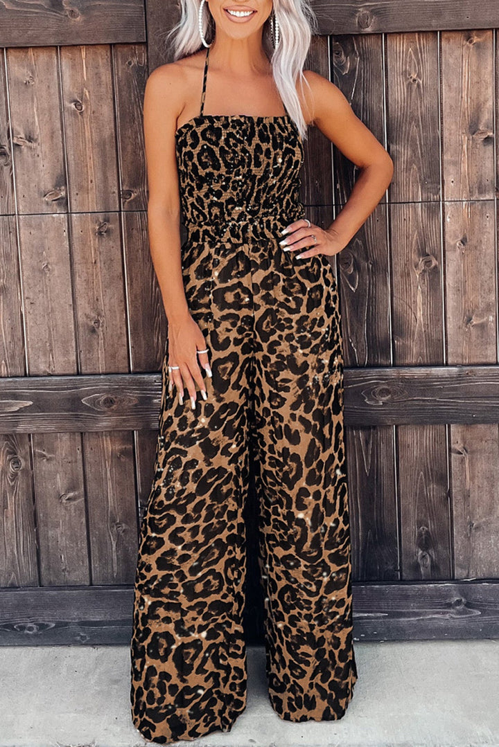 Leopard Halter Neck Wide Leg Jumpsuit