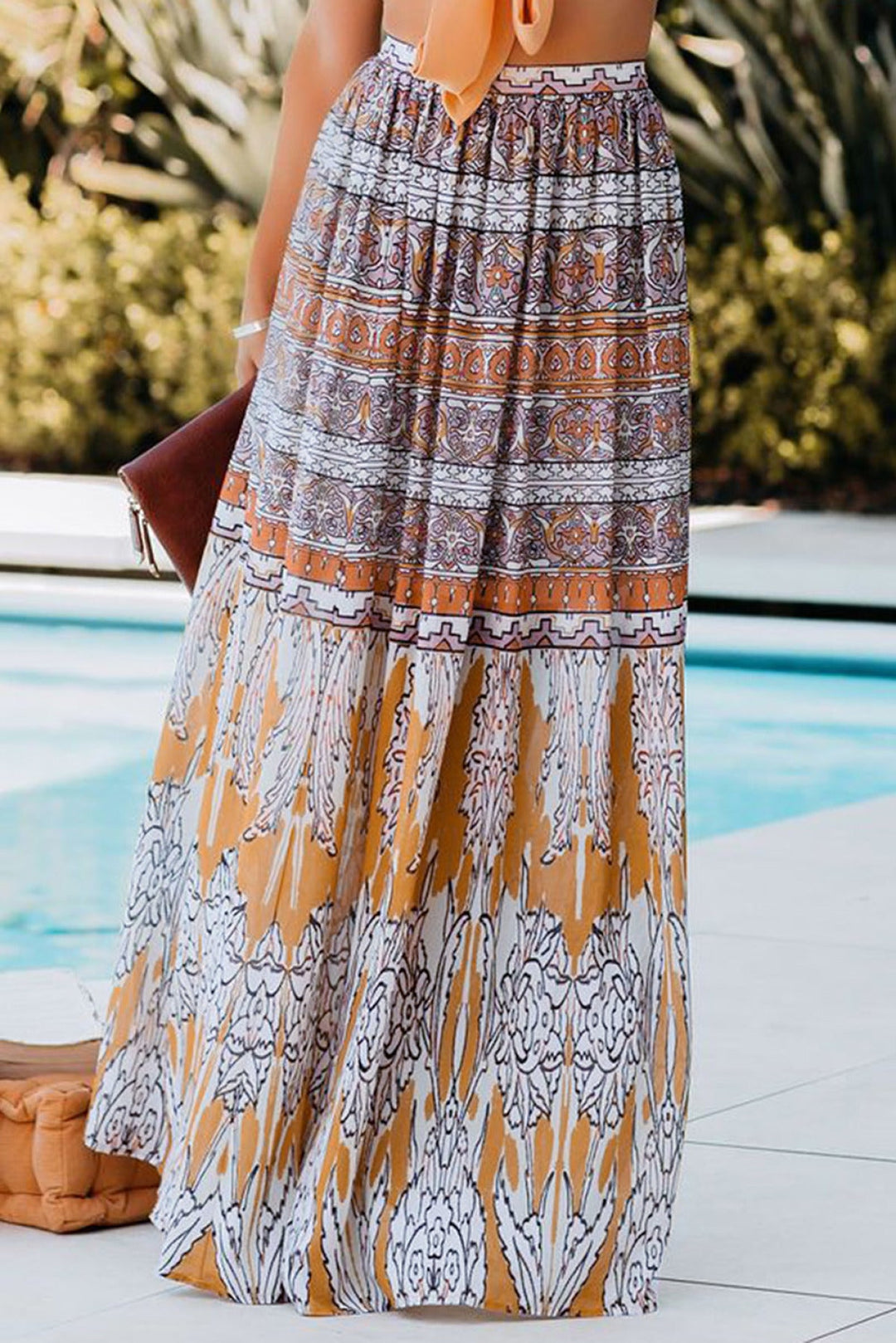 Boho Tribal Print Mid Waist Maxi Skirt