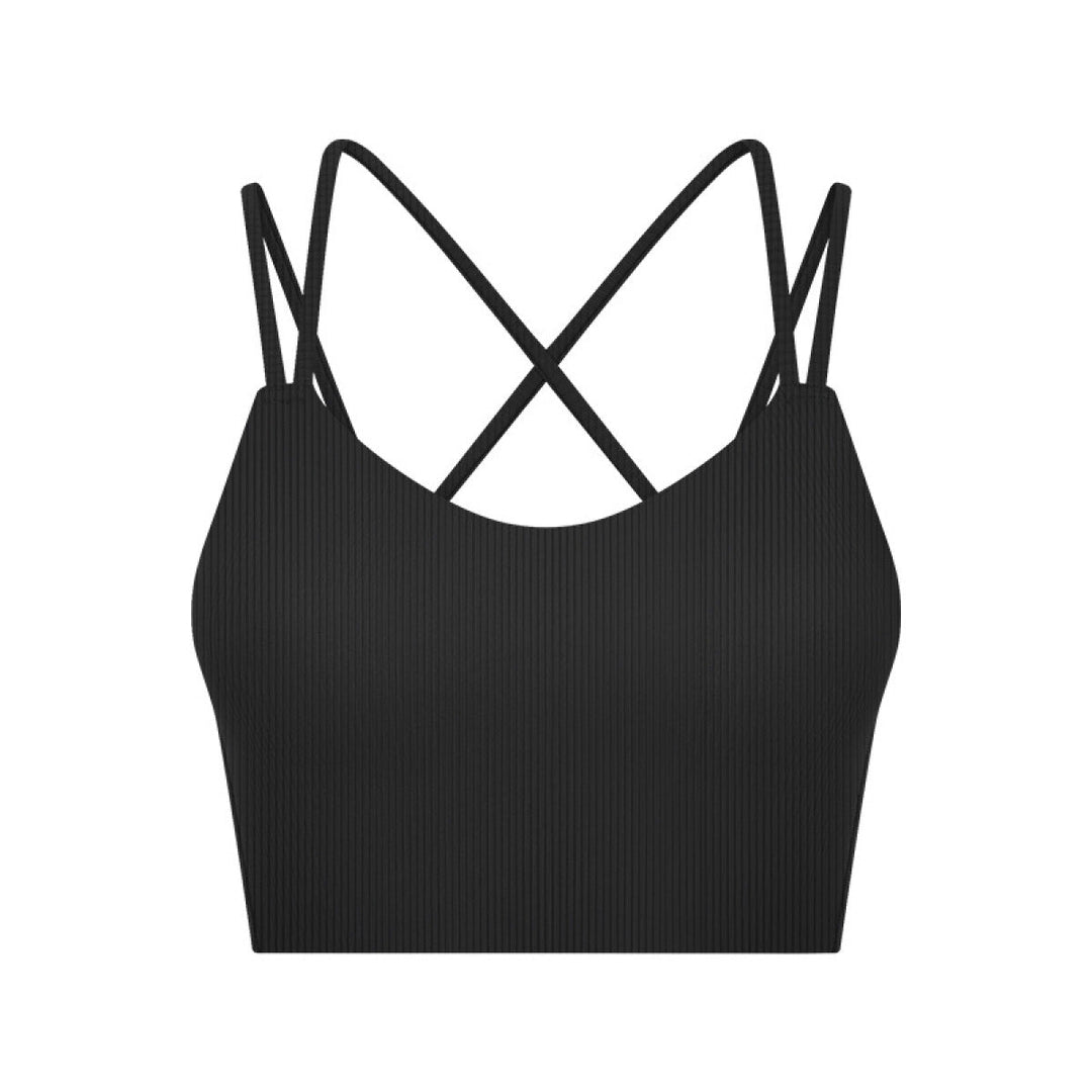 Solid Ribbed Double Shoulder Straps Crisscross Sports Bras