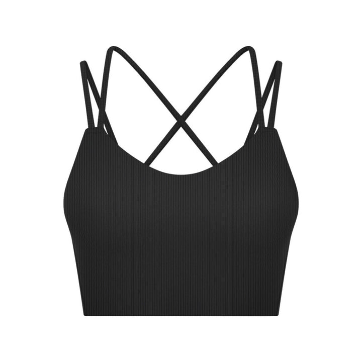 Solid Ribbed Double Shoulder Straps Crisscross Sports Bras