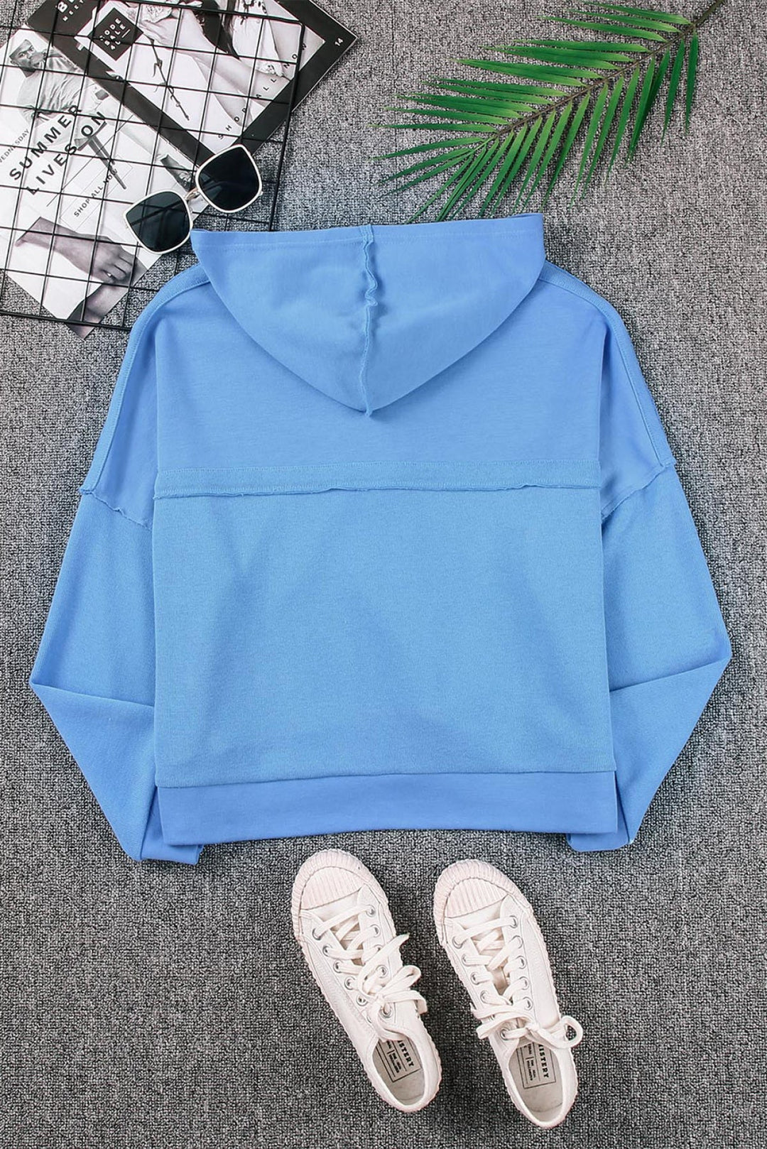 Sky Blue Solid Patchwork Trim Hoodie