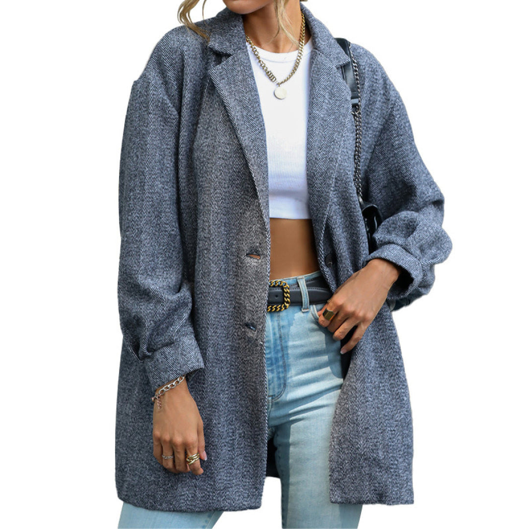 Gray Lapel Neck Balloon Sleeve Button Down Long Blazer