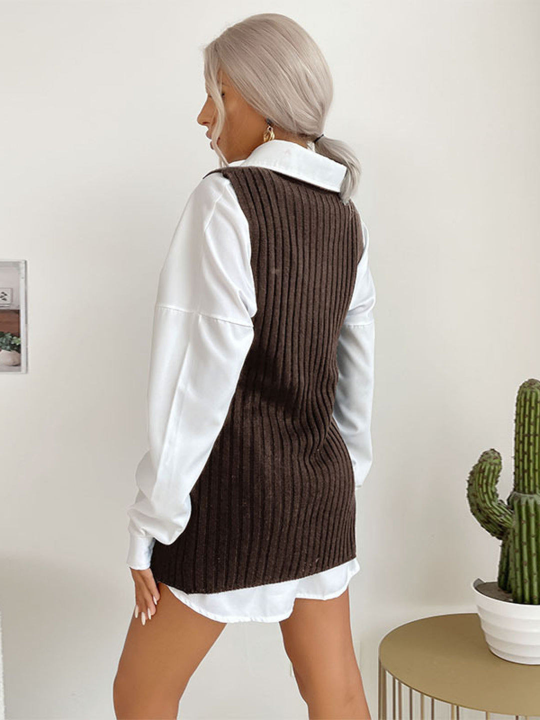 Solid Sleeveless Mockneck Side-Slit Knit Vest Dress without Belt
