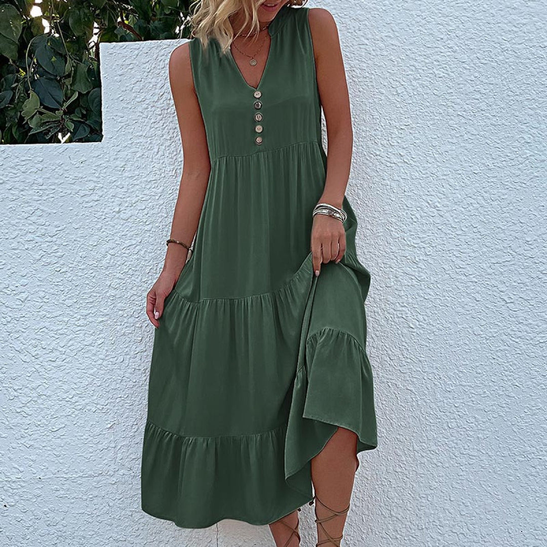 Solid Notched Buttoned Tiered Maxi Dress