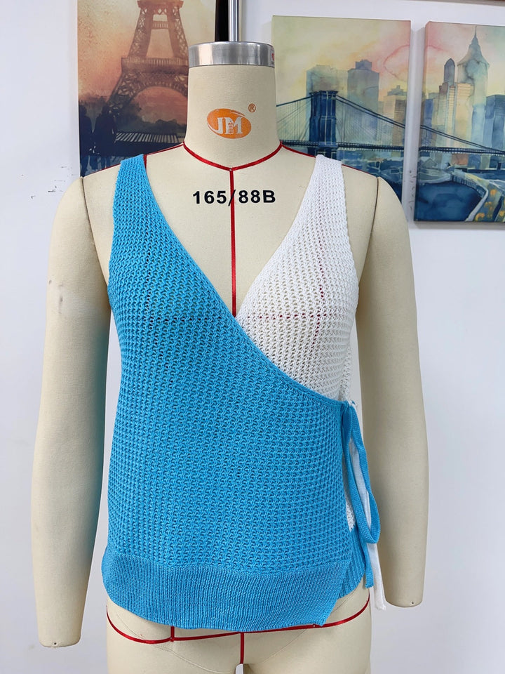 V-Neck Patchwork Knot Fold Sleeveless Top