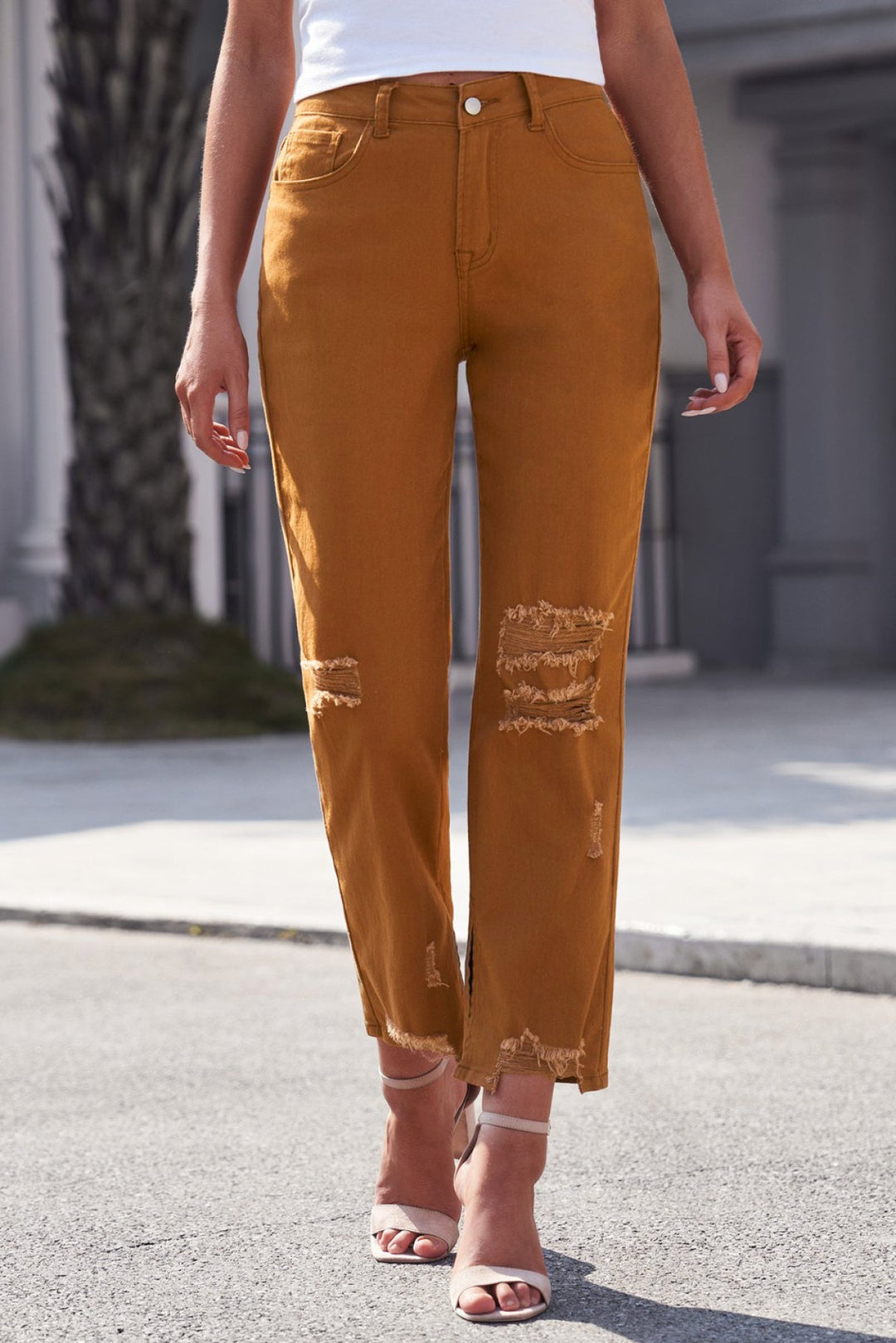 Distressed Raw Hem Straight Leg Jeans