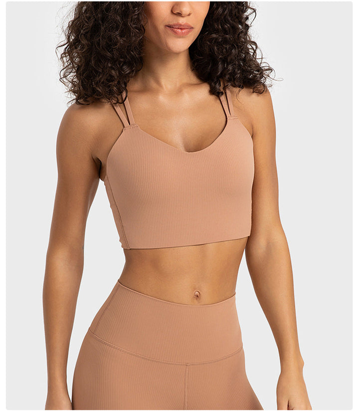 Solid Ribbed Double Shoulder Straps Crisscross Sports Bras