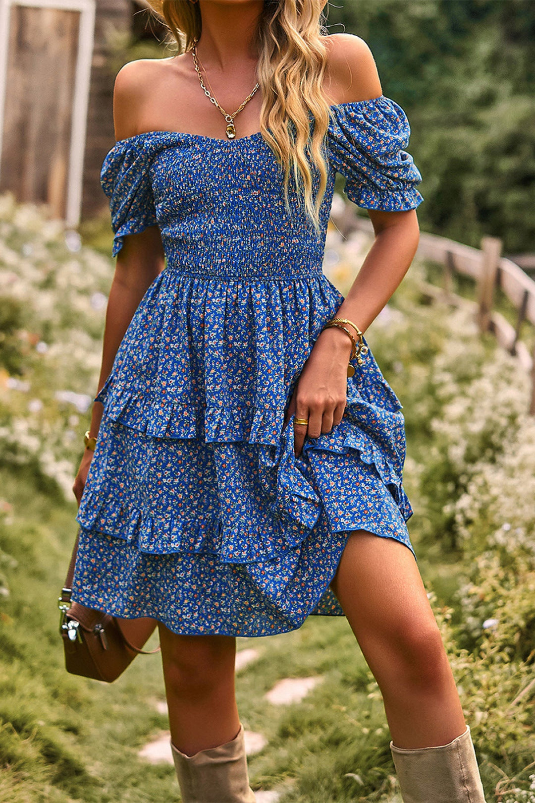 Floral Off-the-shoulder Puff Sleeve Tiered Dress