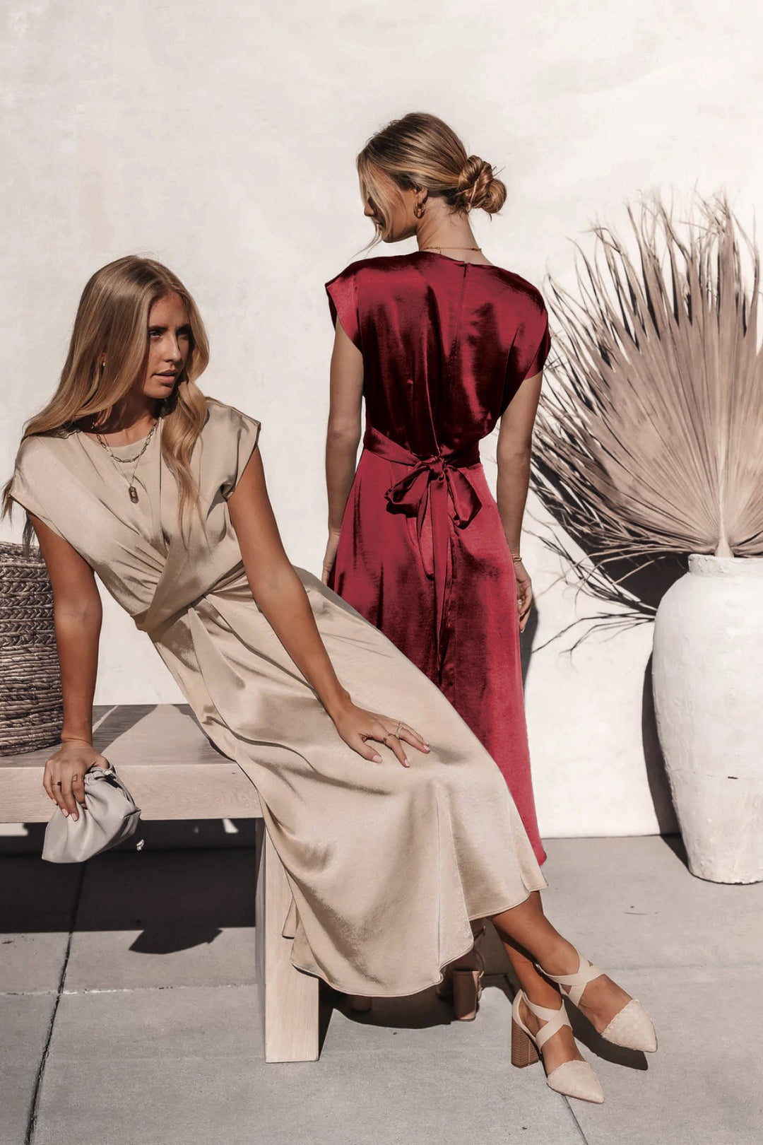 Solid Round Neck Tie Back Midi Dress