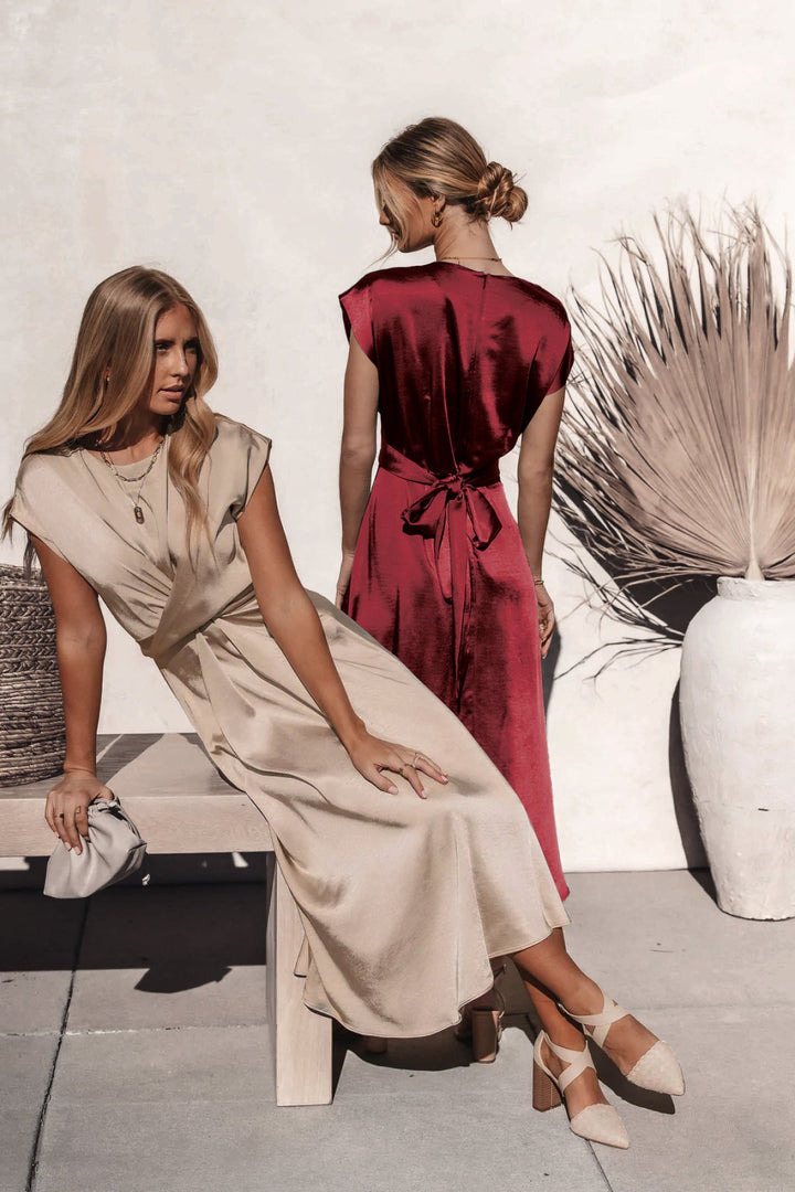 Solid Round Neck Tie Back Midi Dress