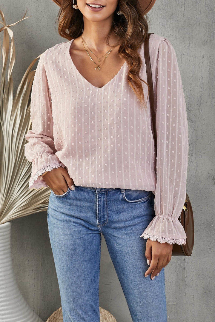 V Neck Puff Sleeve Swiss Dot Blouse