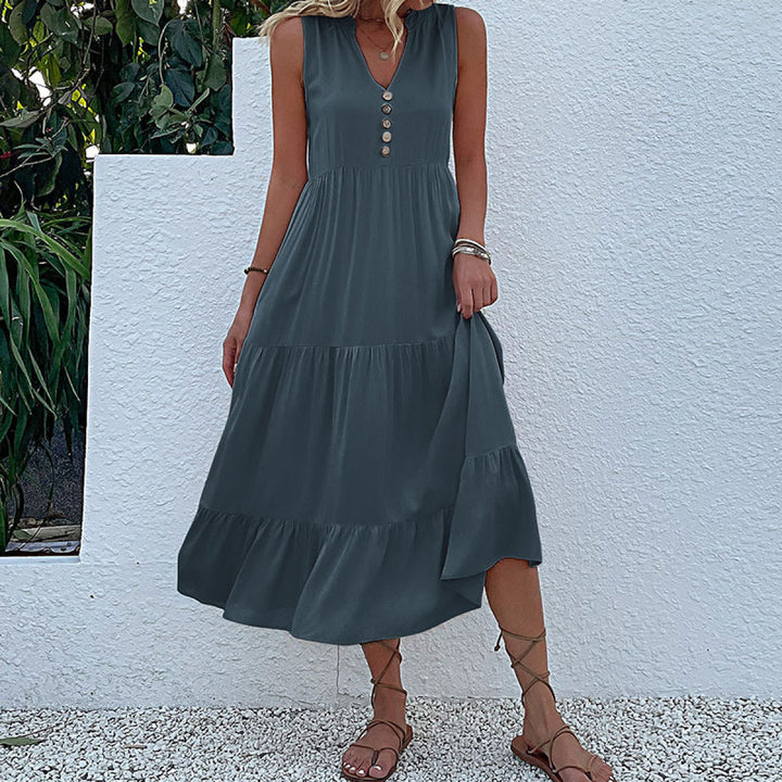 Solid Notched Buttoned Tiered Maxi Dress