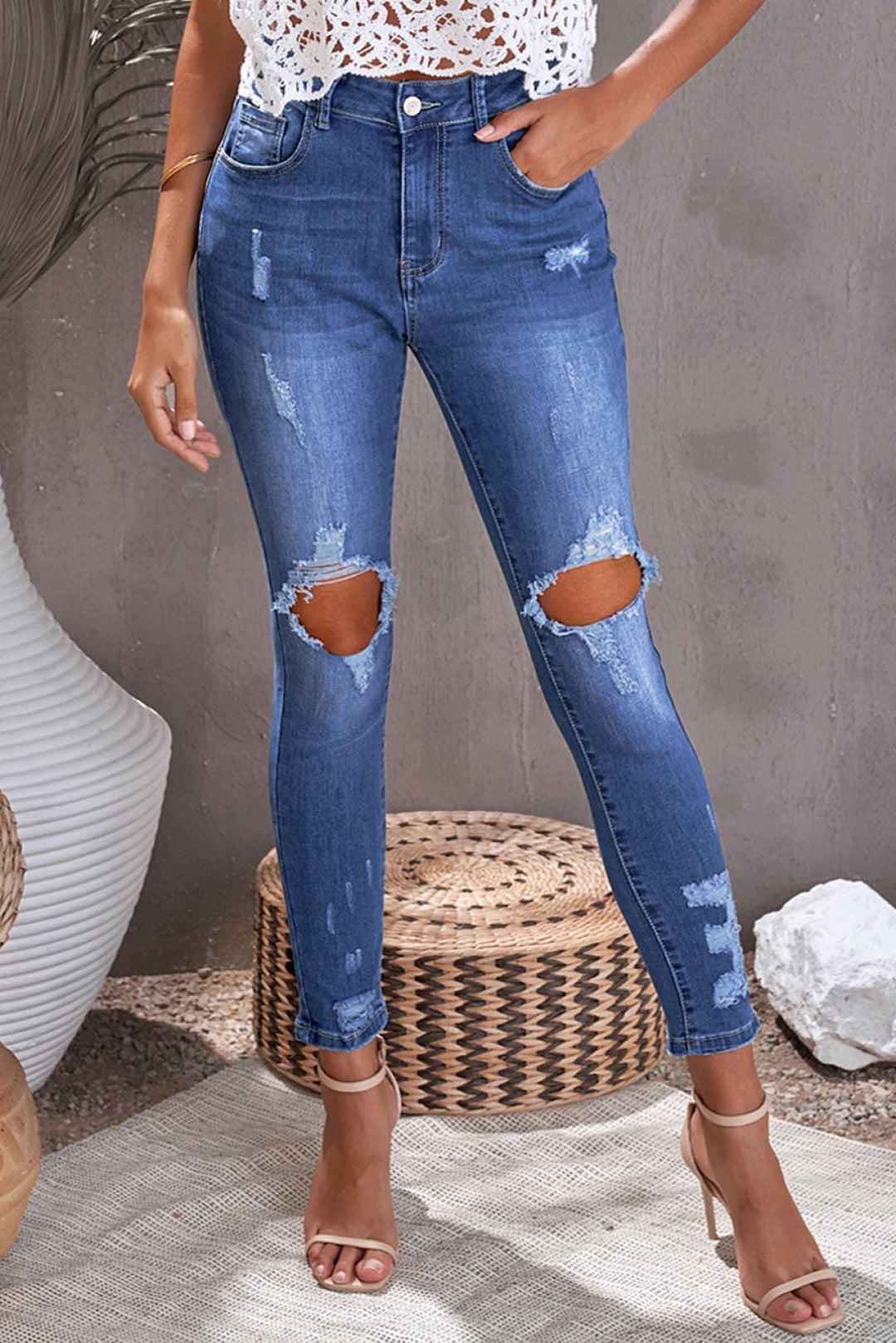 Blue Ripped High Waist Skinny Jeans