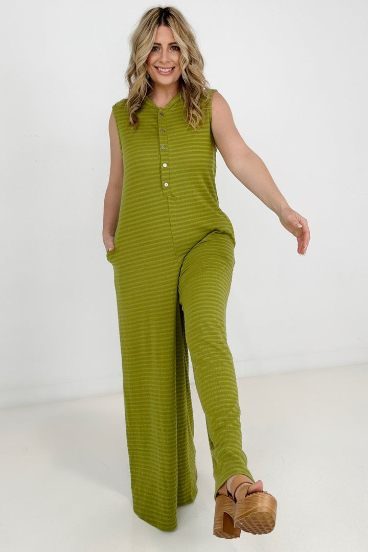 Jade By Jane Button Up Textured Wide Leg Jumpsuit