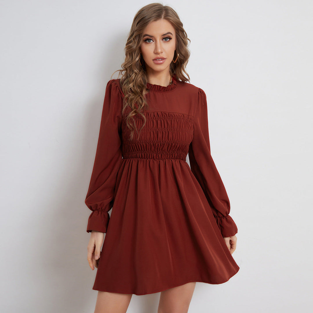 Pleated Long-Sleeved Ruffled Neck Mini Dresses