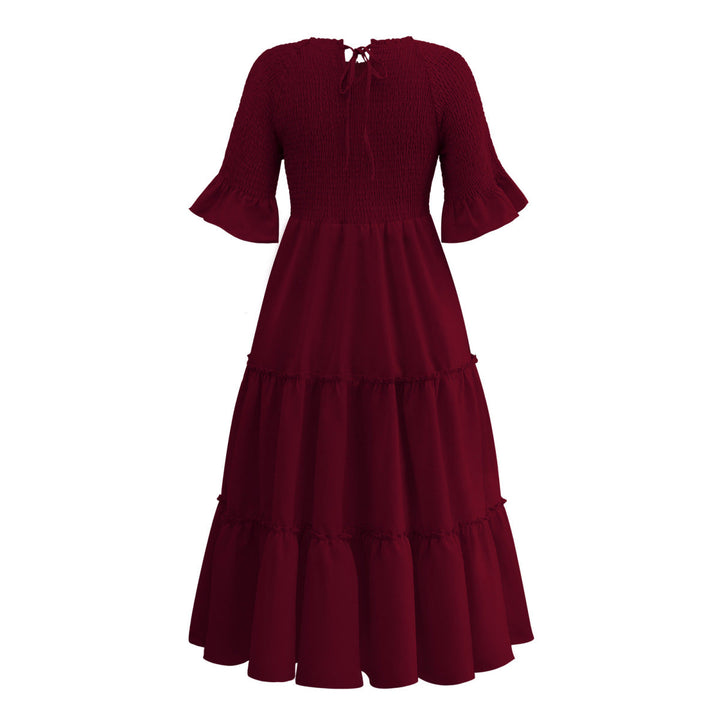 Round Neck Solid Color Smocked A-line Tiered-layered Dress