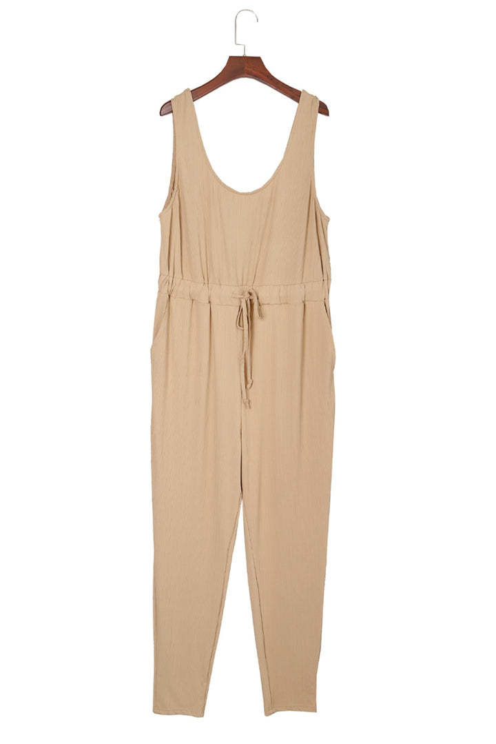 Apricot Ribbed Drawstring Sleeveless Jumpsuit