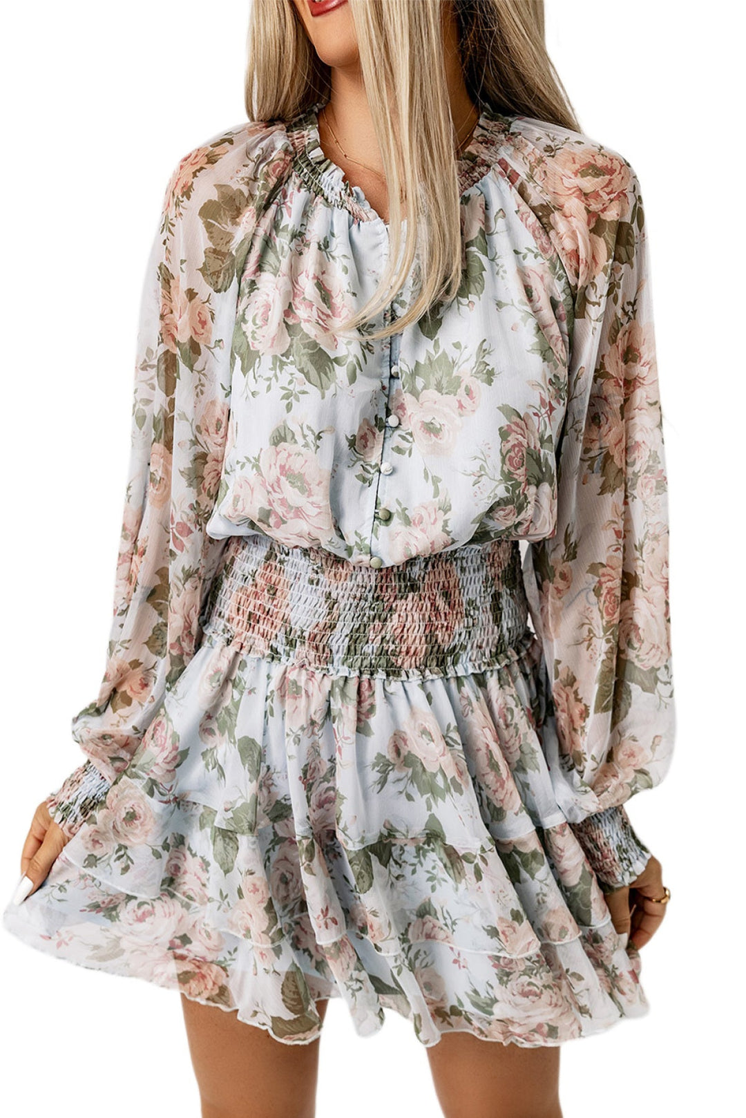 Ruffled Shirred Mini Dress